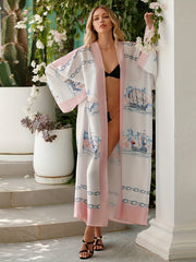 Boho Kimono Women's Plus Chain & Boat Print Long Sleeve Open Front