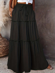 Ruched Maxi Skirt Solid Color Drawstring Waist Casual Elastic