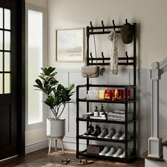Reinforced Coat Rack with Shoe Storage & Clothes Shelf