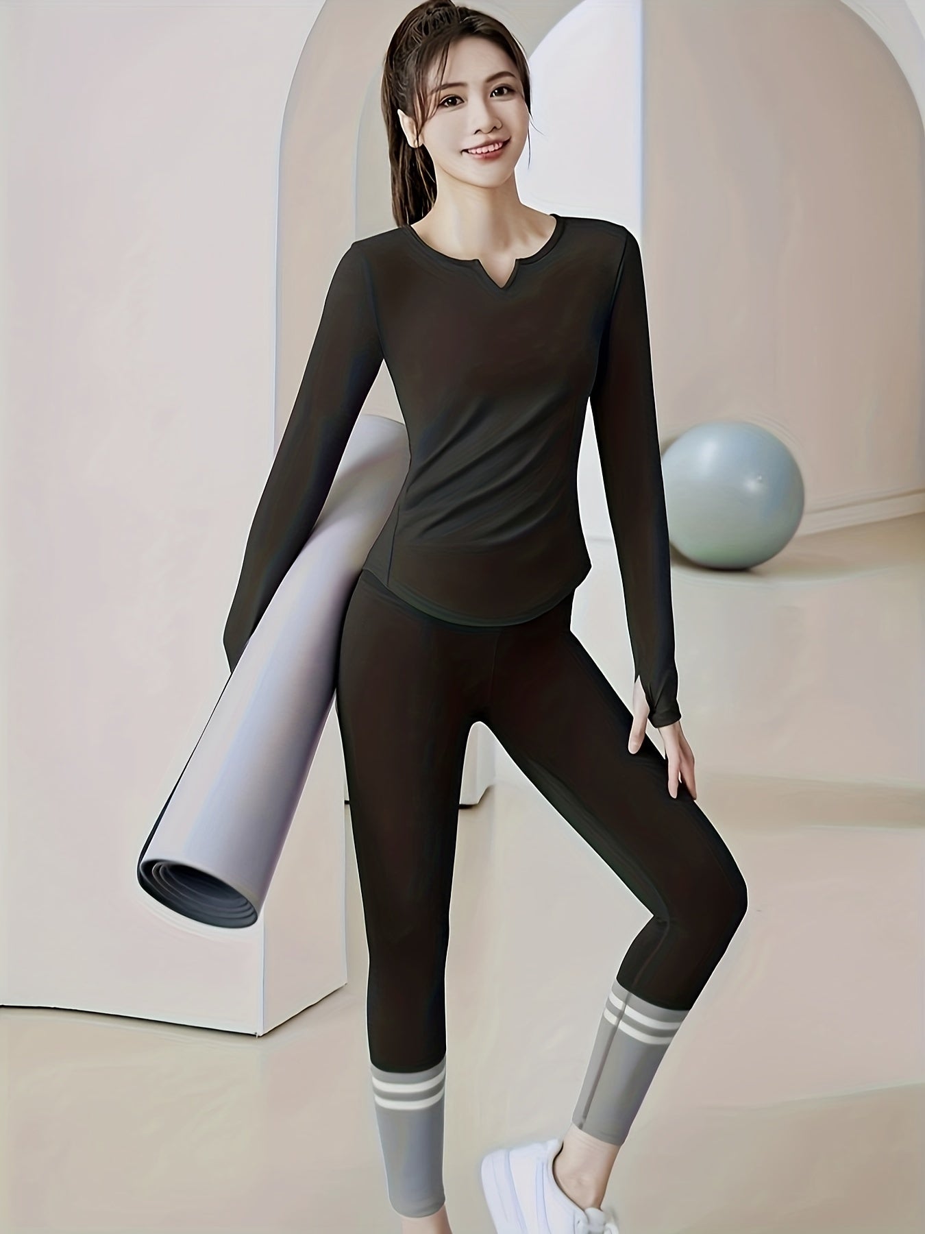 V Neck Yoga Long Sleeve Sports Top Thumb Hole Quick Dry Slimming Shirt