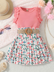 Girls Ribbed Lace Cuffs Top & Boho Flowers Pleated Skirt Set