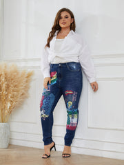 Graphic Print Button Fly Stretch Jeans