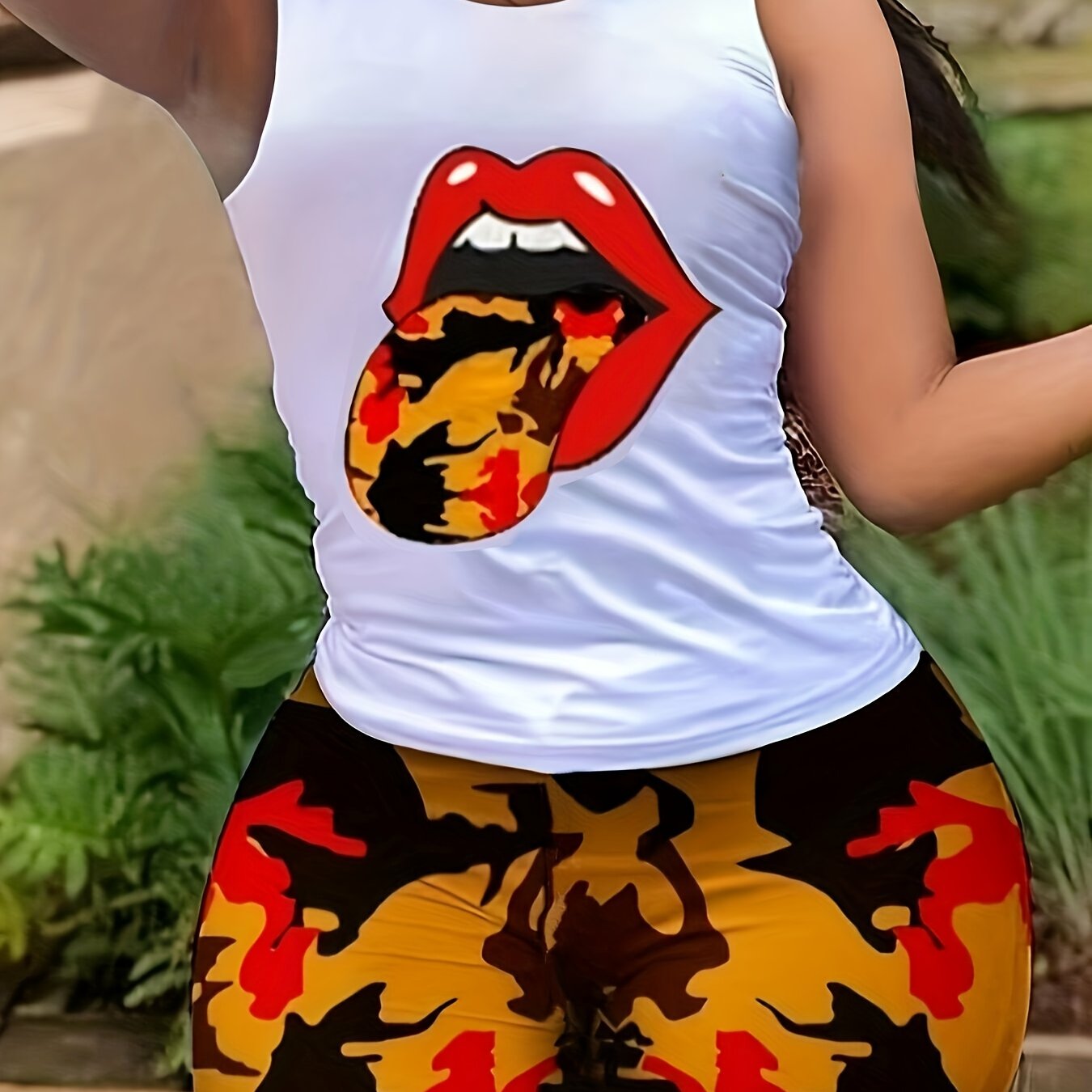 Lips Print Tank Top & Abstract Print Slim Shorts Set