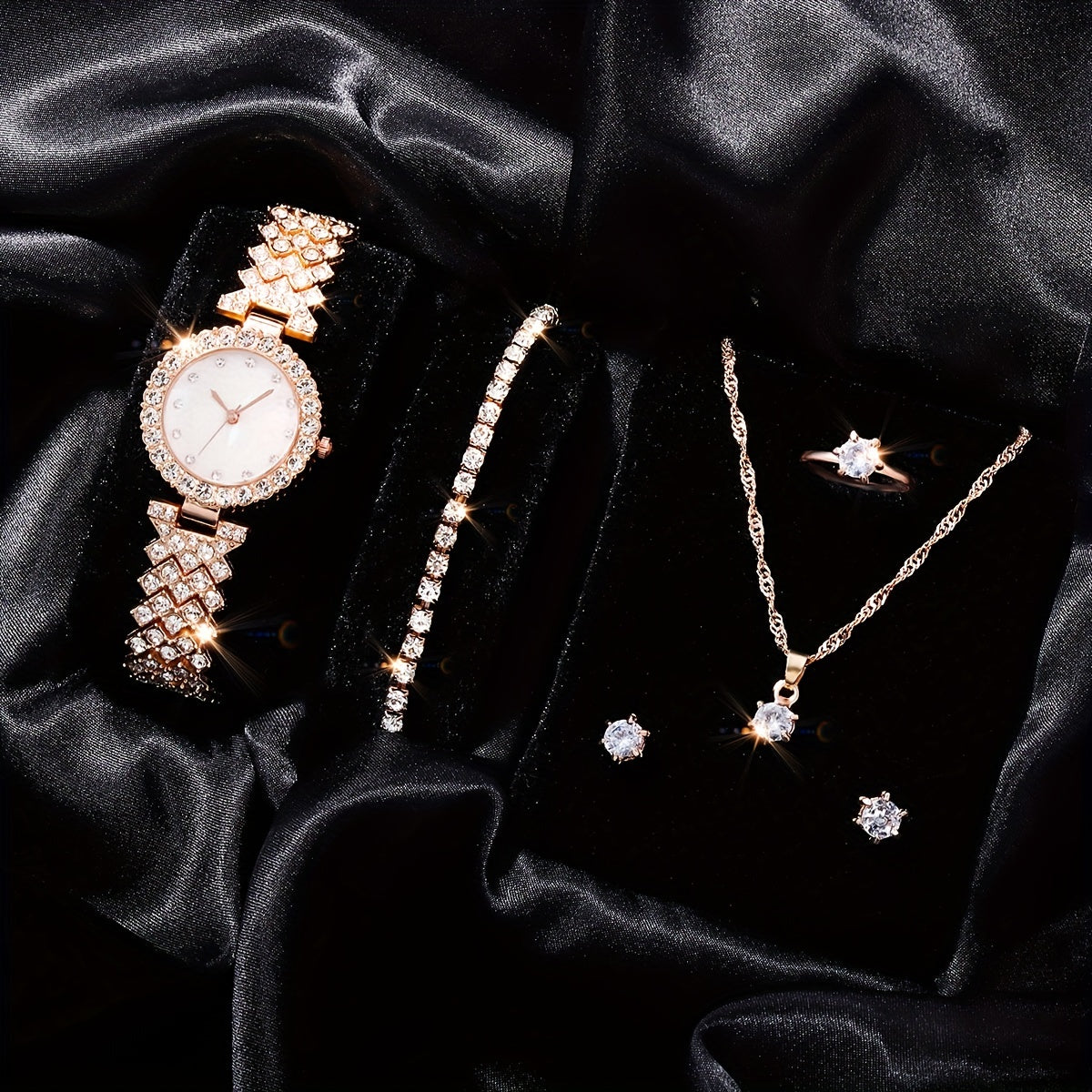 Kids Rhinestone Round Quartz Watch & 5pc Jewelry Set