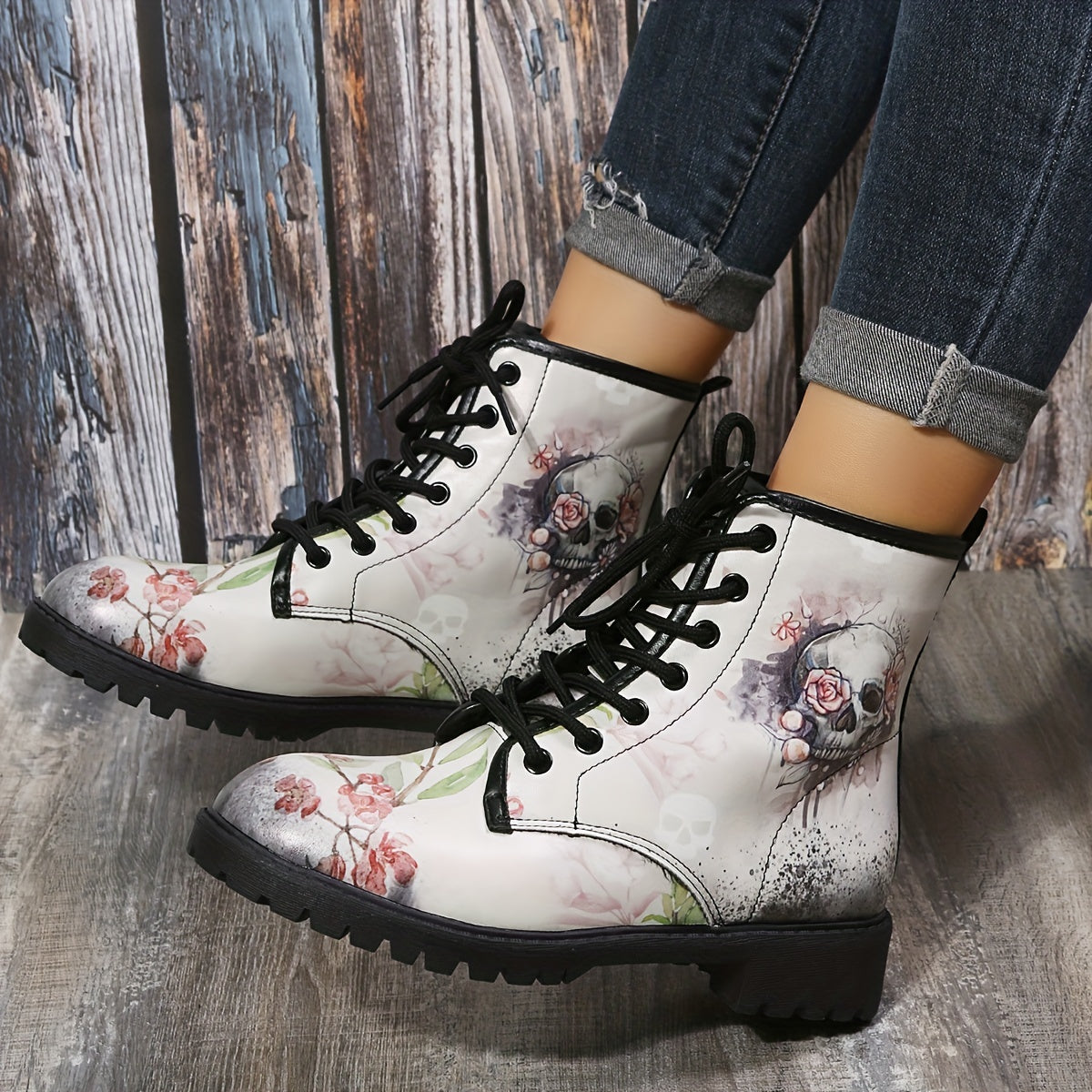 Women's Halloween Skull & Flower Combat Boots Lace Up Round Toe Flat Short Boots