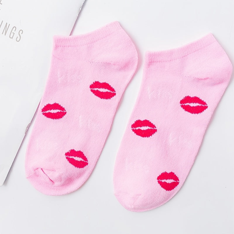 5 Pairs Red Lip Pattern Low Cut Ankle Socks Women's Stockings