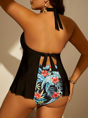 Tankini Set V Neck Backless Halter Top & Tropical Print Panty Swimsuit