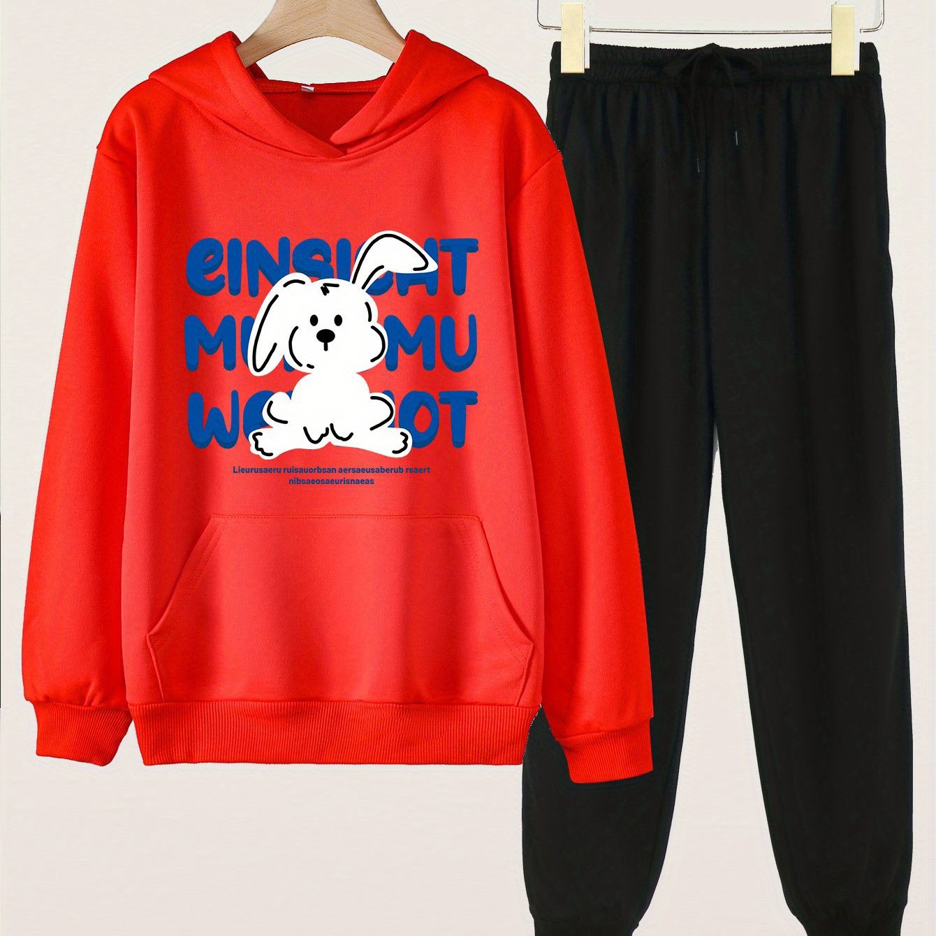 2pcs Rabbit Print Girls Hoodie & Sweatpants Set
