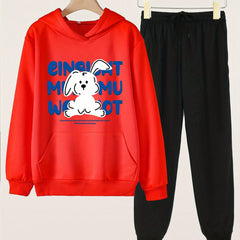 2pcs Rabbit Print Girls Hoodie & Sweatpants Set