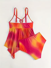 Ombre Hollow Out Bow Tie Tankini Set Spaghetti Strap Top & Skirted High Waist
