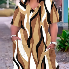 Women's Plus Size Colorblock Stripe Print V Neck Dress With Pockets