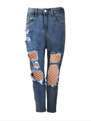 Ripped Holes Skinny Jeans Slim Fit Distressed With Fishnet Stocking Denim Pants