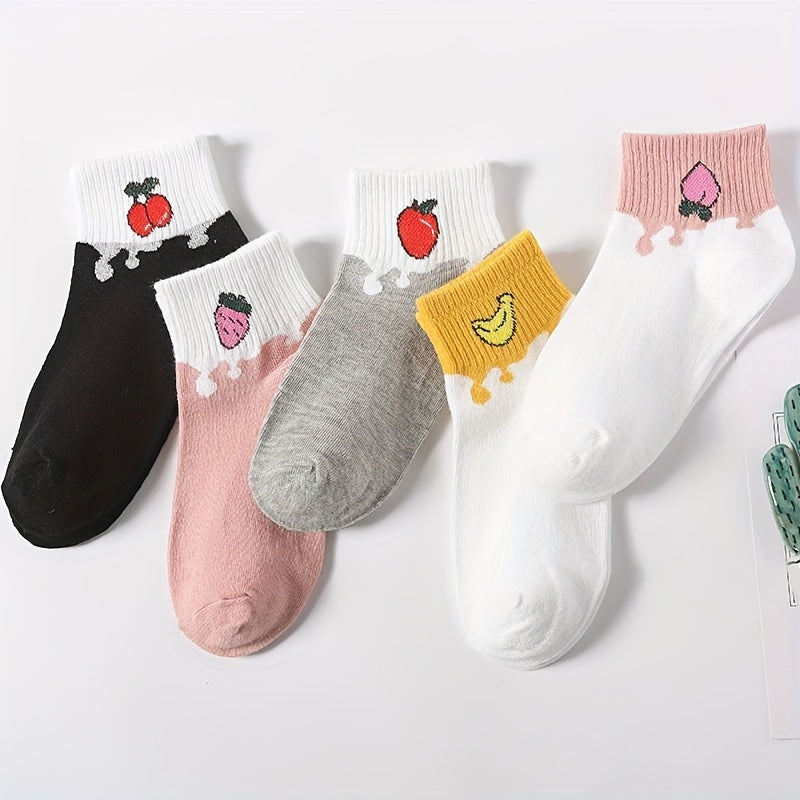 5 Pairs Cartoon Fruit Print Socks Ribbed Short Stockings