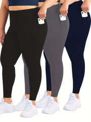 3 Pack Plus Size Casual Leggings Set Women's Plus Solid Tummy Control