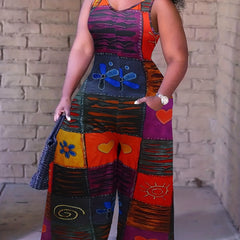 Patchwork Print V Neck Jumpsuit