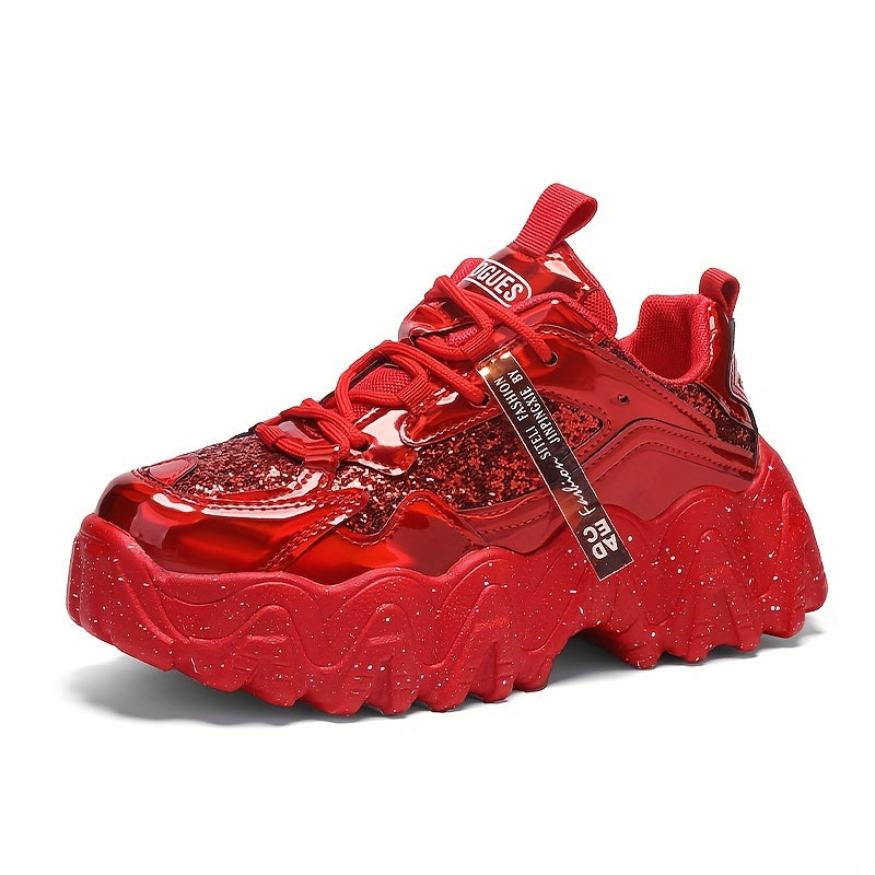 Sequin Glitter Chunky Sneakers Faux Leather Running Shoes