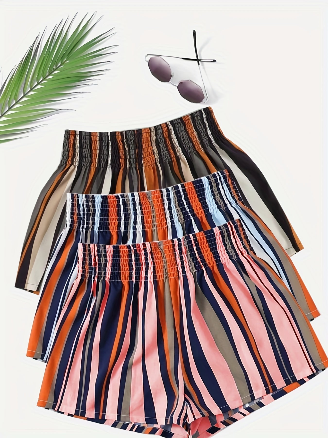 Striped Shorts 3 Pack Shirred Waist Casual Summer Women's Clothing