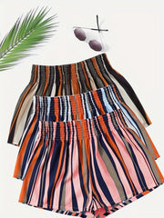 Striped Shorts 3 Pack Shirred Waist Casual Summer Women's Clothing