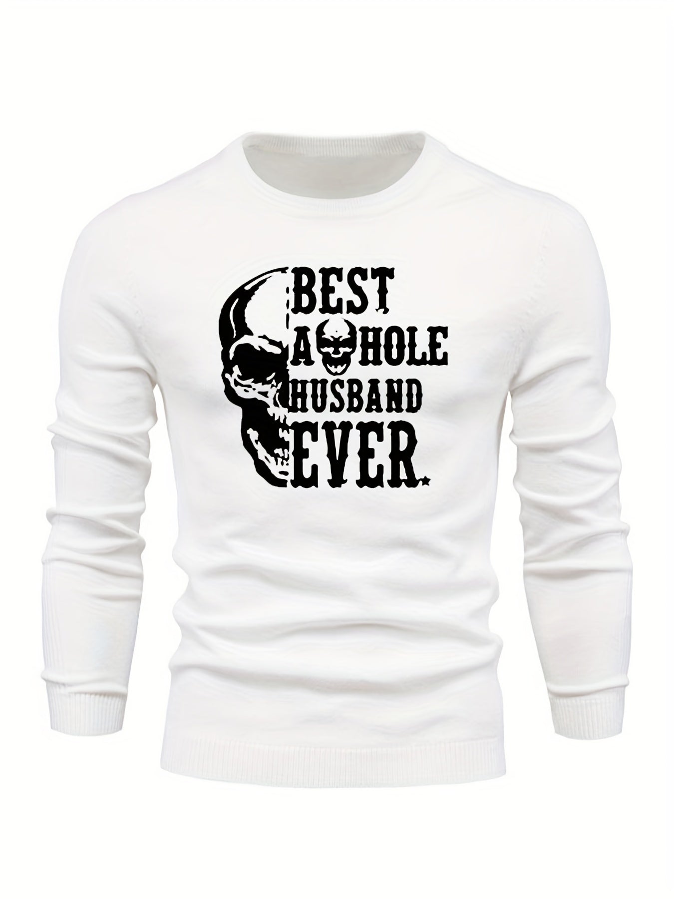 Skull & Letter Print Sweater Men's Casual Retro Style Mid Stretch Crew Neck Pull