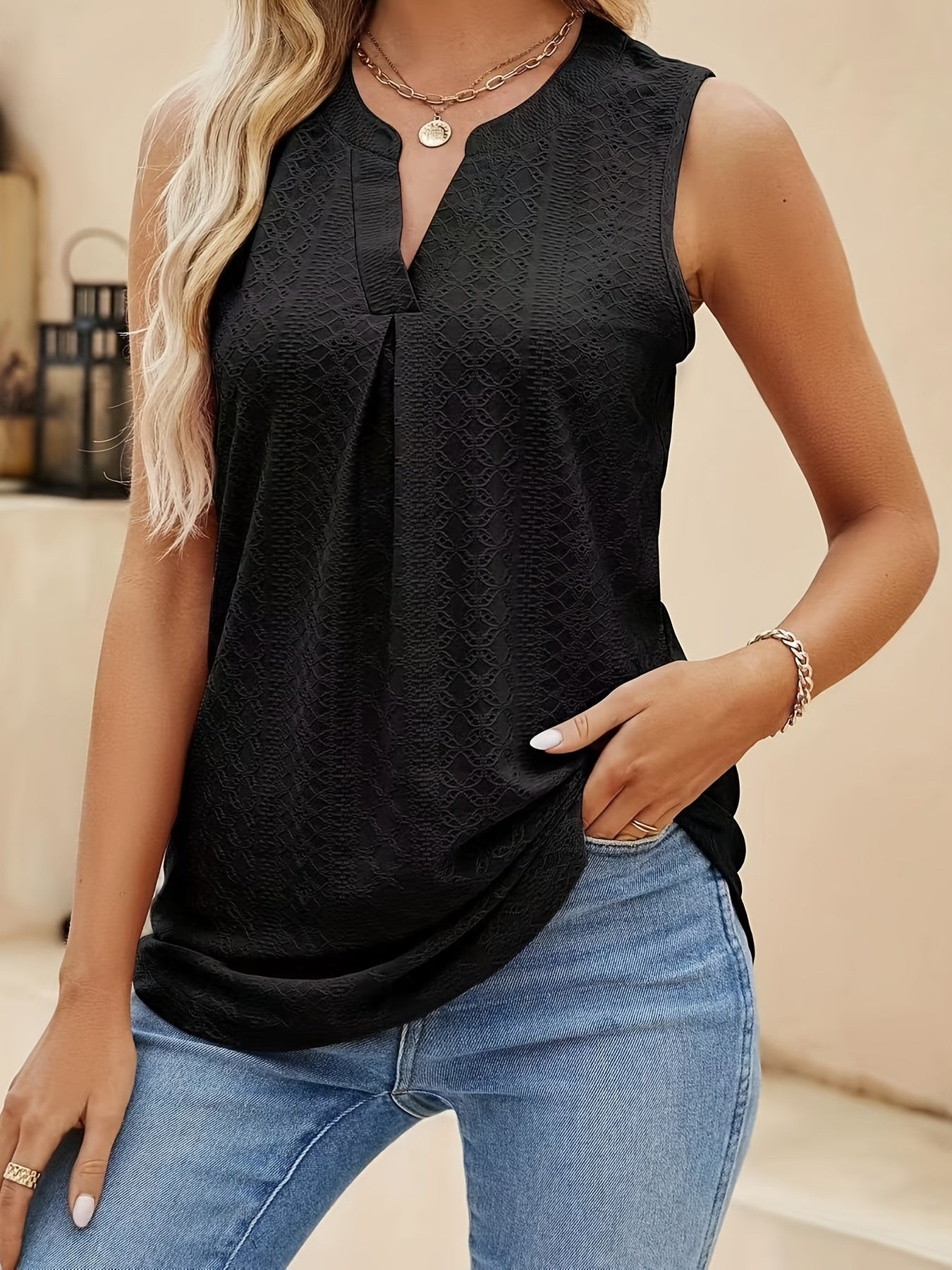 Eyelet Embroidered V Neck Tank Top Sleeveless Summer Casual