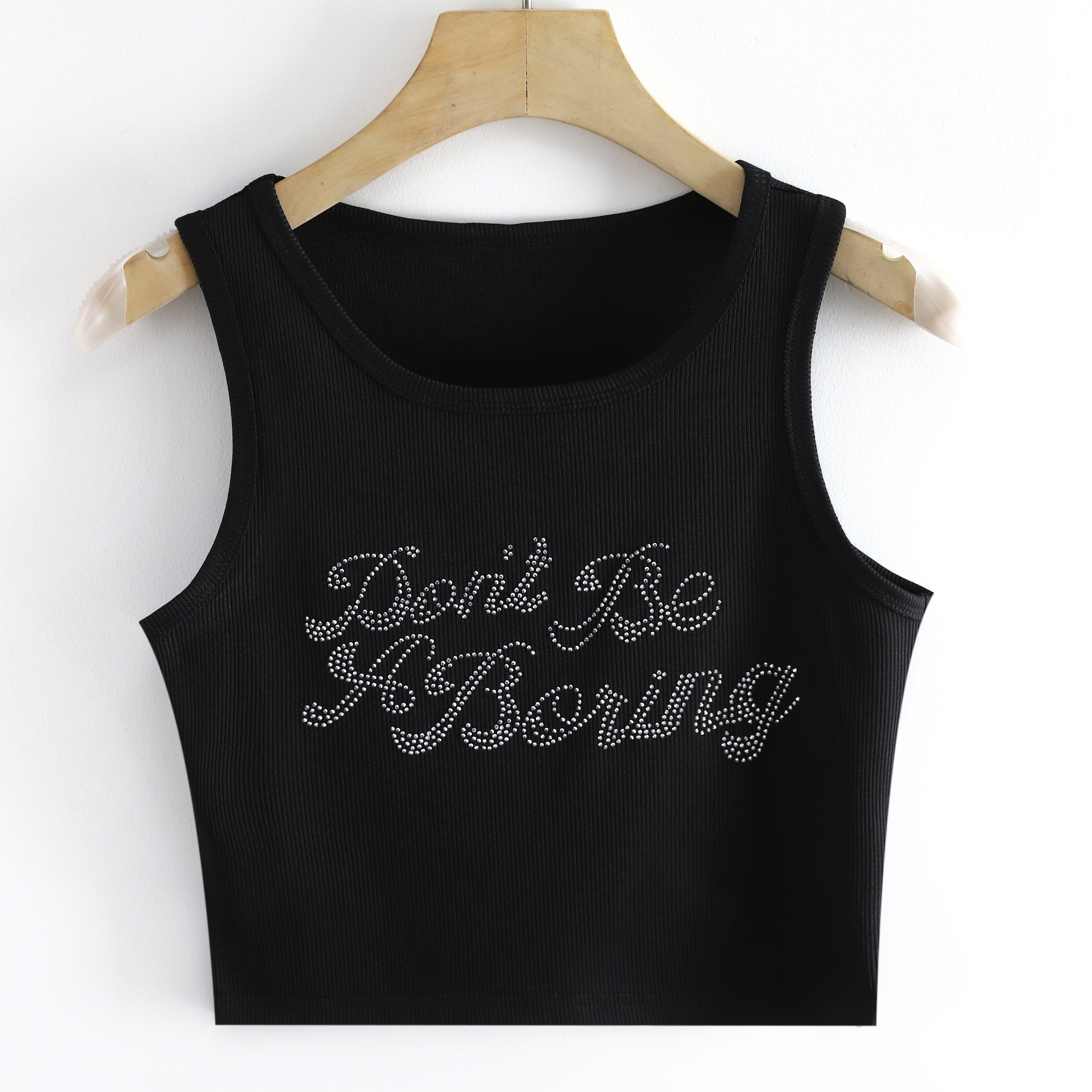 Rhinestone Letter Crop Tank Top Basic Stretch Summer Gym Yoga Tank Top