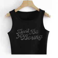 Rhinestone Letter Crop Tank Top Basic Stretch Summer Gym Yoga Tank Top