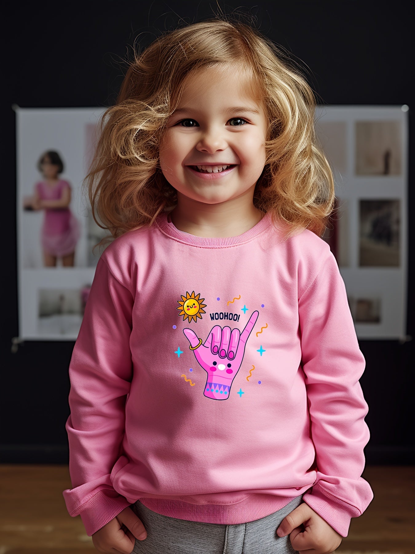 Cartoon Hand Print Girls Casual Pullover Sweatshirt