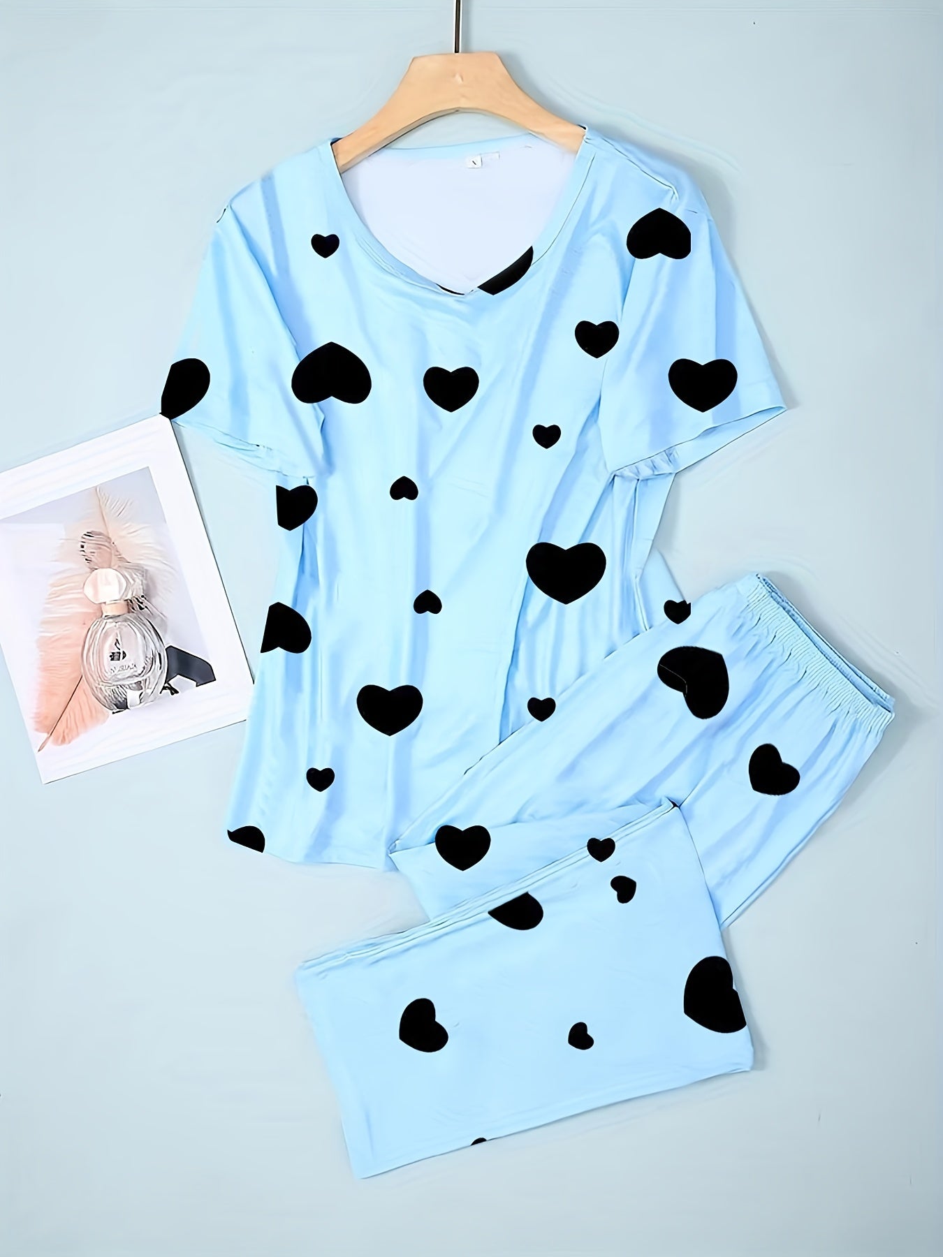 Heart Print Pajama Set Short Sleeve Top & Long Pants Women's Loungewear