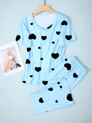 Heart Print Pajama Set Short Sleeve Top & Long Pants Women's Loungewear