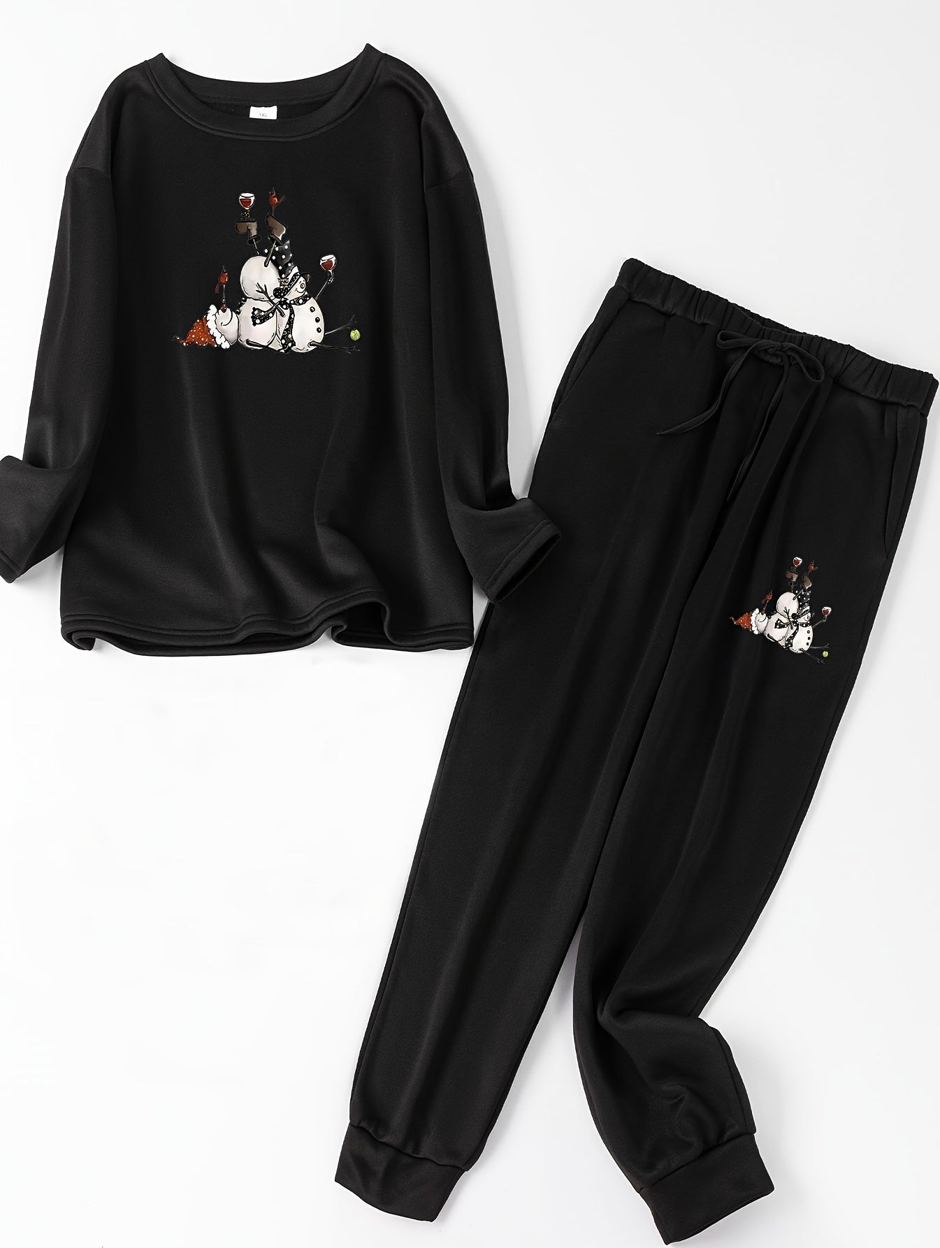 Snowman Print Fleece Top & Joggers Pajamas 2 Piece Set