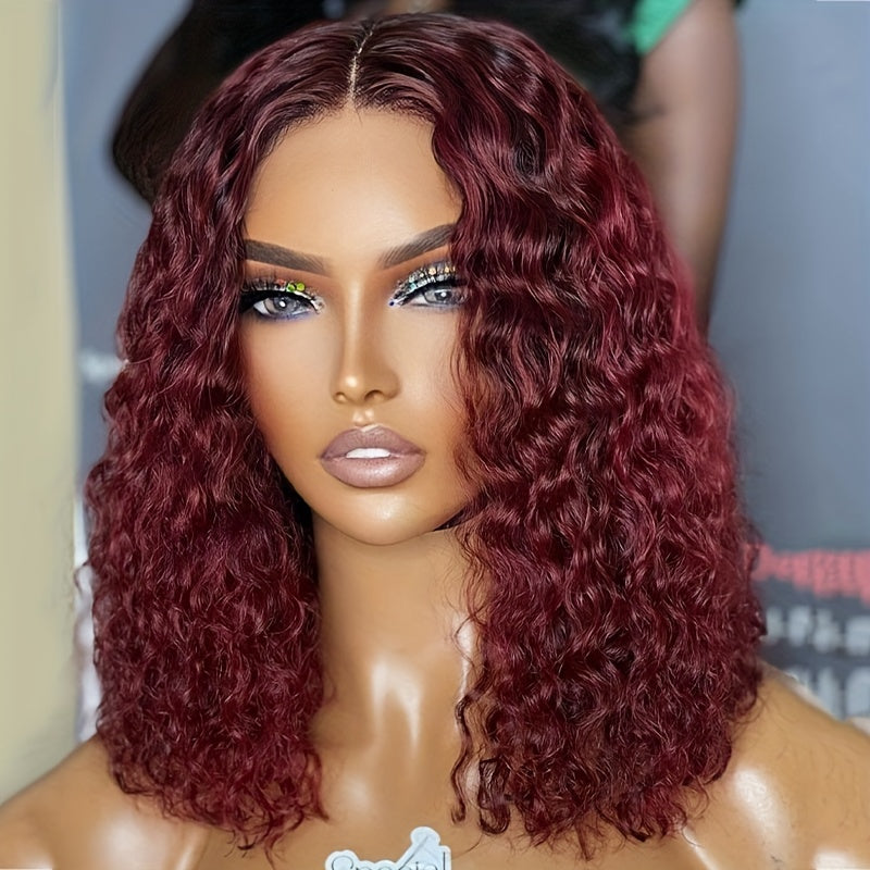 Burgundy Short Curly Bob Human Hair Wigs 180 Density Lace Frontal Wigs
