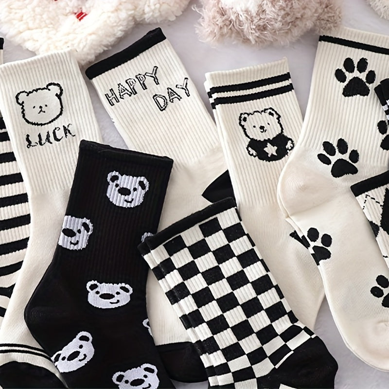 10 Pairs Bear & Plaid Print Socks Mid Tube Women's Stockings