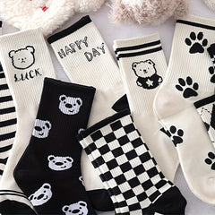 10 Pairs Bear & Plaid Print Socks Mid Tube Women's Stockings