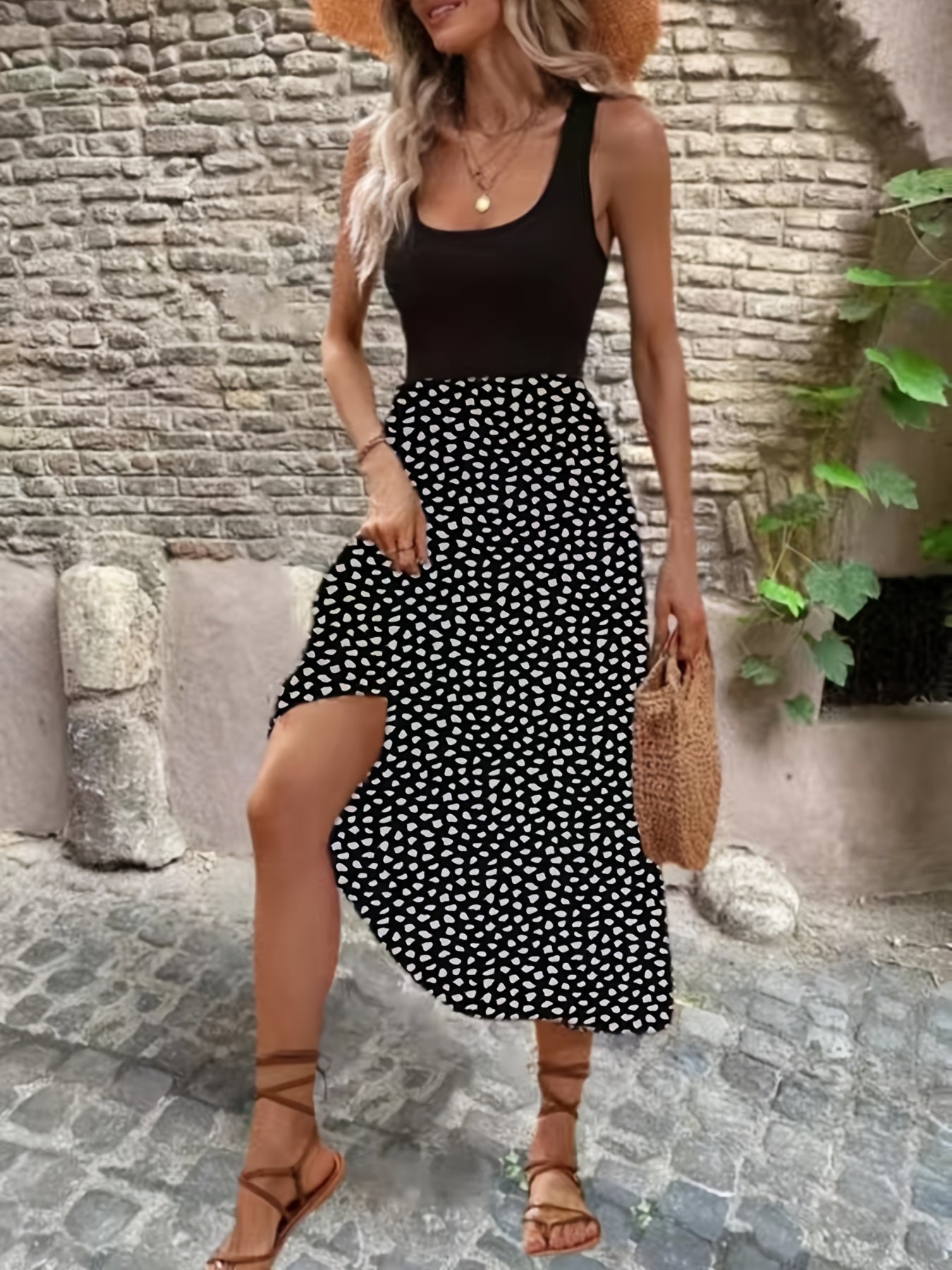 Ditsy Floral Print Sleeveless Midi Dress Women's Clothing