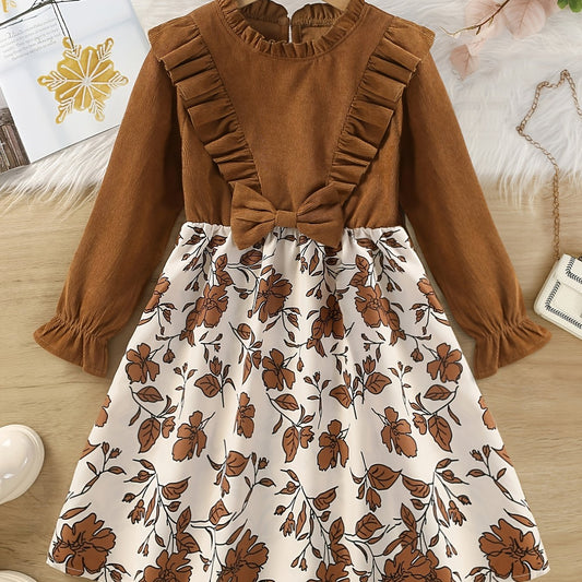 Girls Ribbed Ruffle Dress Floral Print Long Sleeve Round Neck Kids Clothes