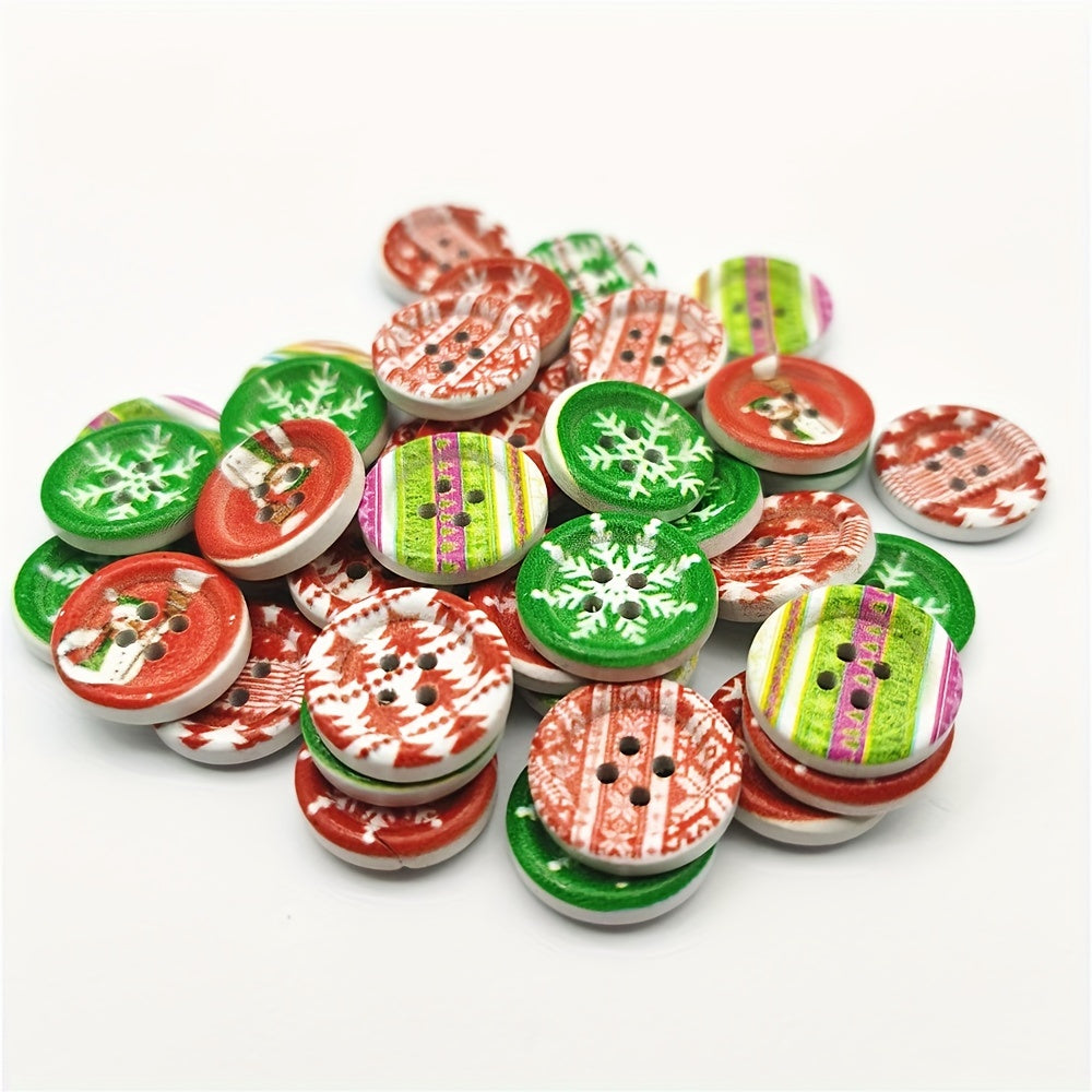 40pcs 18mm Wood Round Christmas Buttons Snowflake Xmas Tree Snowman DIY Crafts