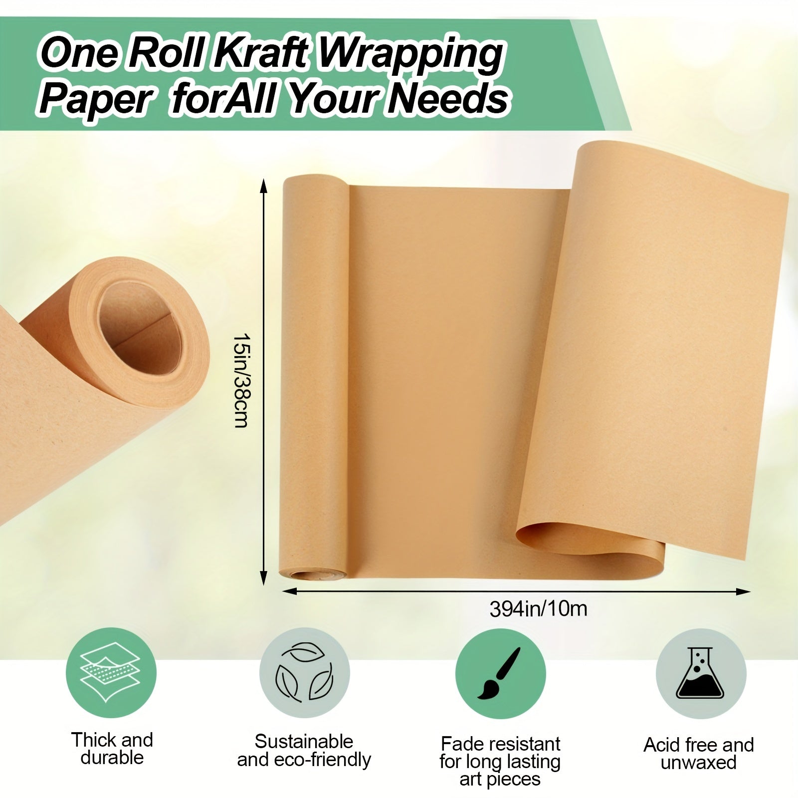 Brown Kraft Paper Roll 38" x 1016" - Packing, Gift Wrapping, Wall Art