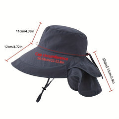 Women Ponytail Bucket Hat Neck Flap Adjustable Lanyard Solid Sun Hat