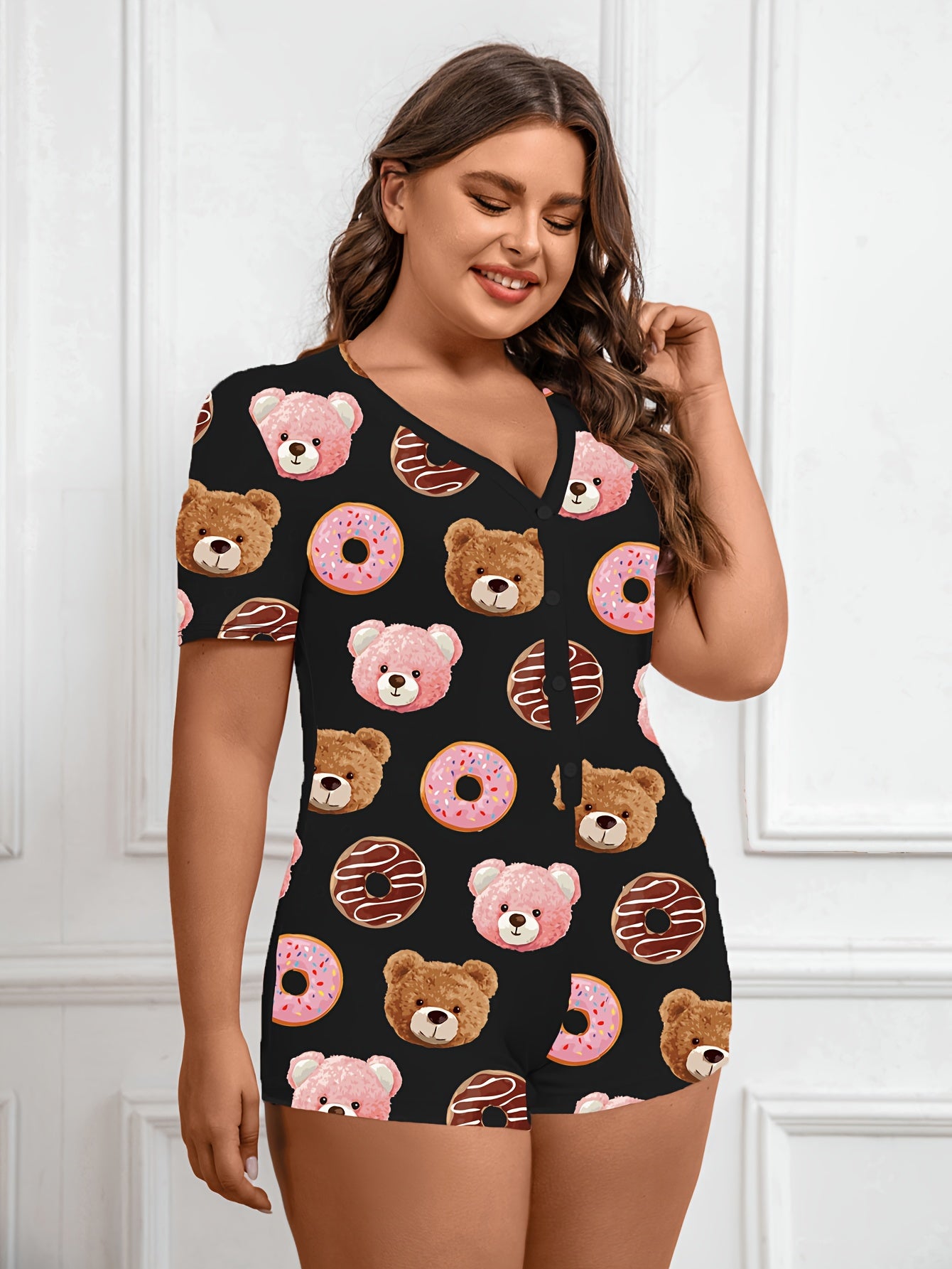 Donut & Bear Print Short Sleeve Button Up Loungewear Romper