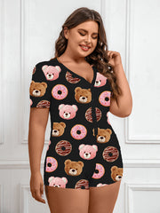 Donut & Bear Print Short Sleeve Button Up Loungewear Romper