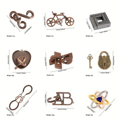 9pc Puzzle Unlocking Kit - Brain Teaser Toy Inspired by Kongming and Luban Locks