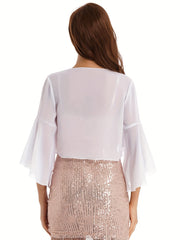 Flare Sleeves Cover Up Shirt V Neck Semi Sheer Beachwear Cardigan