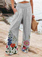 Floral Wide Leg Pants Smocked Waist Casual Women's Clothing