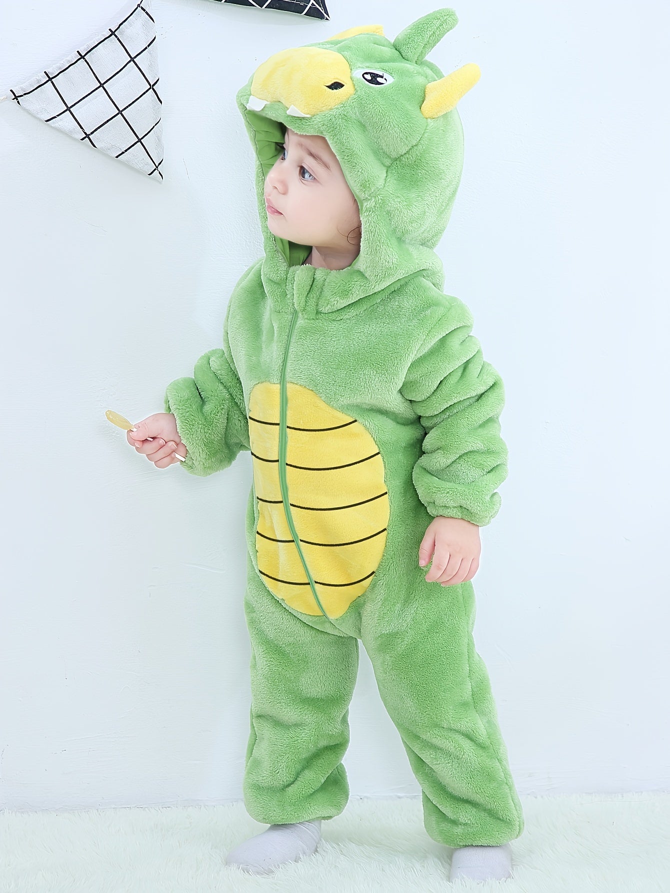 Dino Baby Flannel Romper Hooded Jumpsuit