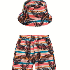 Boy's Coconut Tree Print Shorts & Sun Hat Set