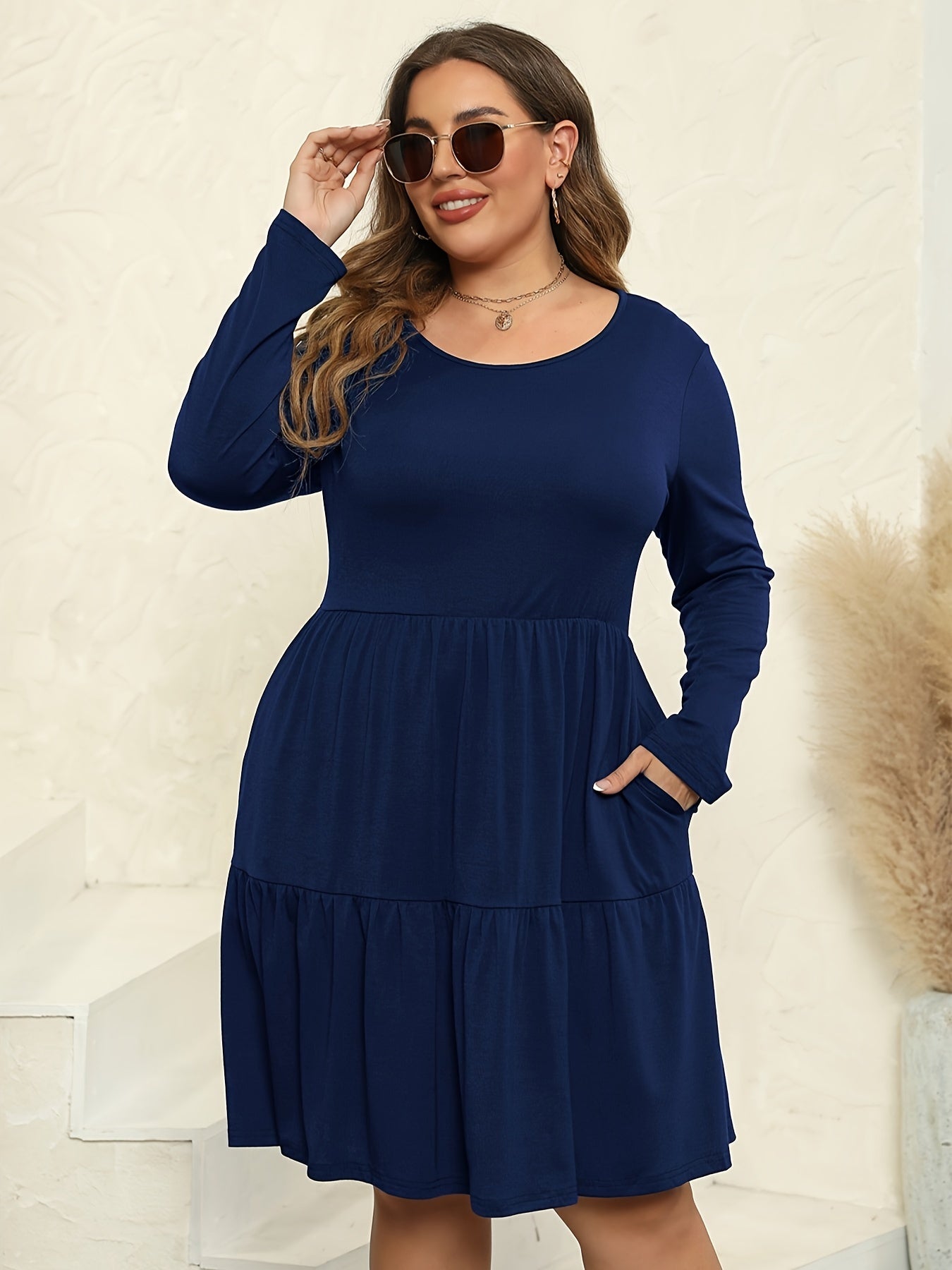 Solid Long Sleeve Knee Length Dress With Pockets