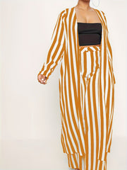 Women's Plus Stripe Print Cardigan & Wide Leg Pants Outfit Set