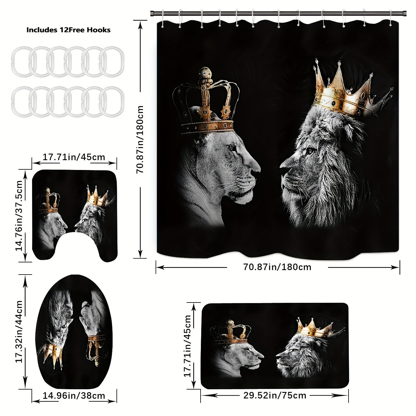 3pcs Lion Shower Curtain Set with 12 Hooks Complete Bathroom Decor