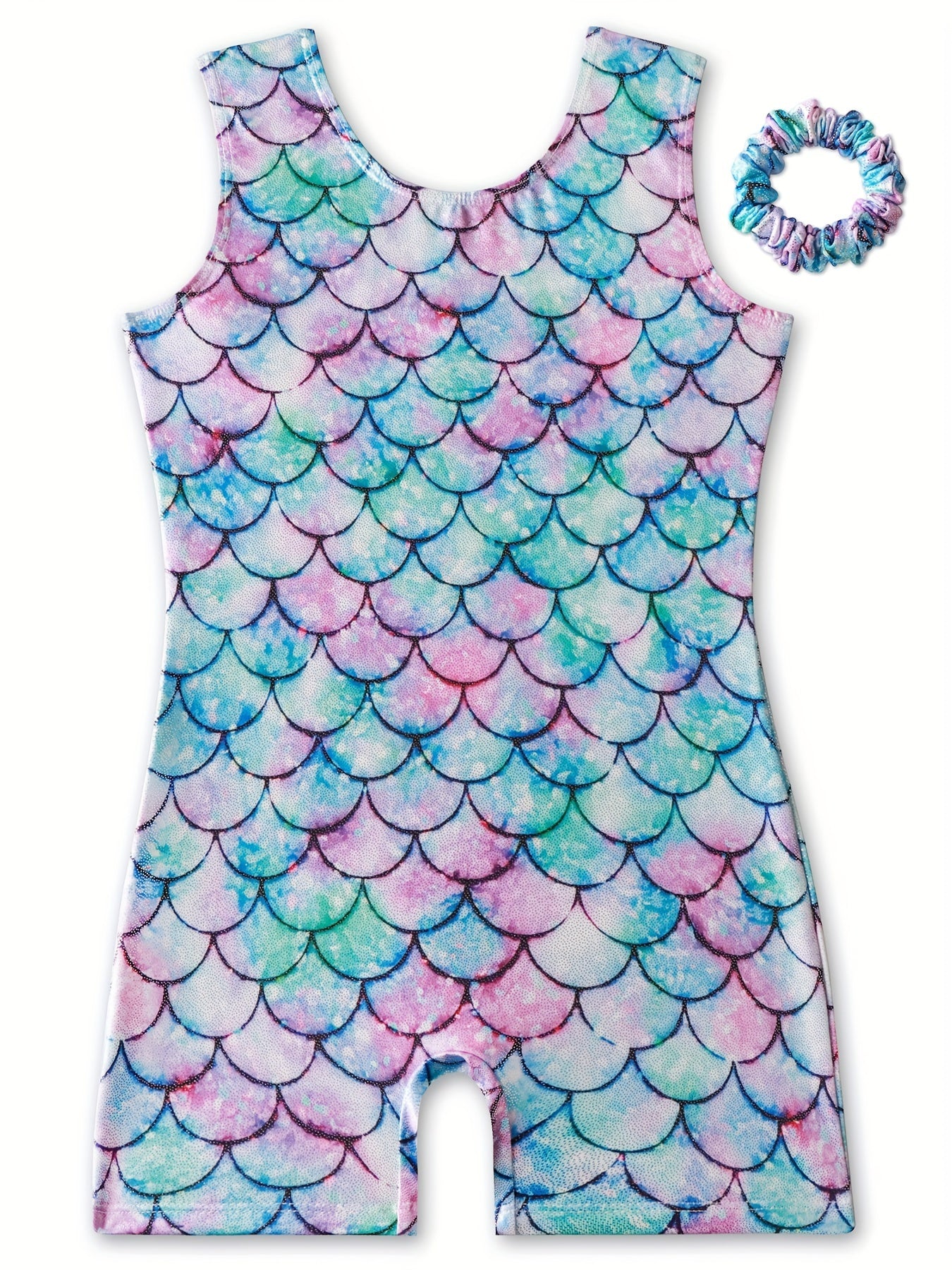 Girls Sweet Fish Scale Pattern Sleeveless Gymnastics Dancing Suit