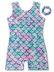 Girls Sweet Fish Scale Pattern Sleeveless Gymnastics Dancing Suit
